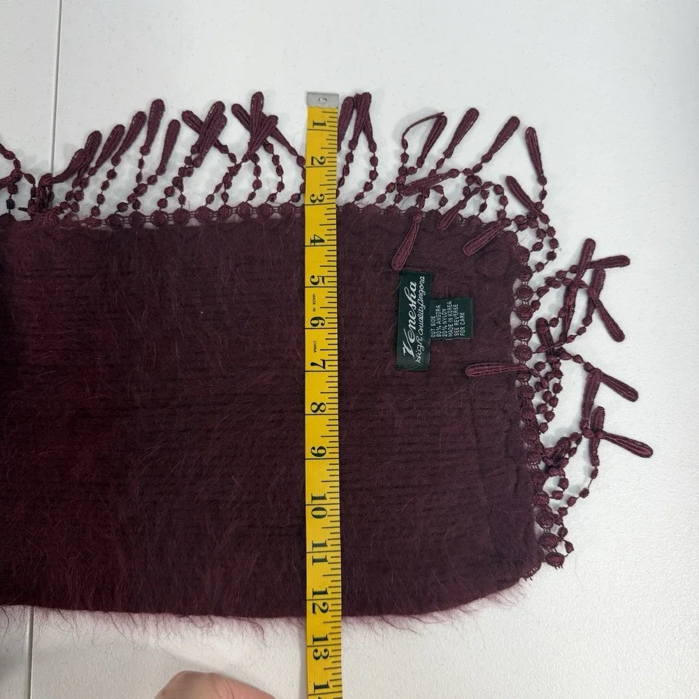Vintage Venesha Angora Scarf Wrap Fringe Fuzzy Soft Burgundy Maroon Quiet Luxury